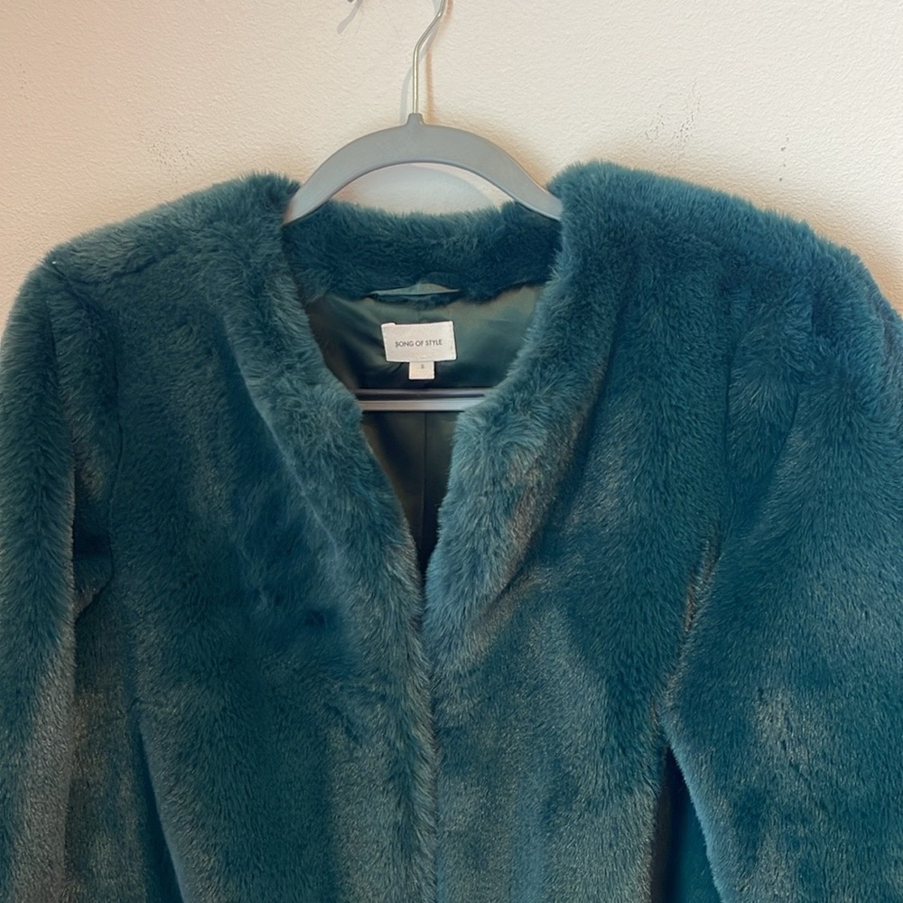 REVOLVE Song of Style teal faux fur full length coat - Picture 3 of 7